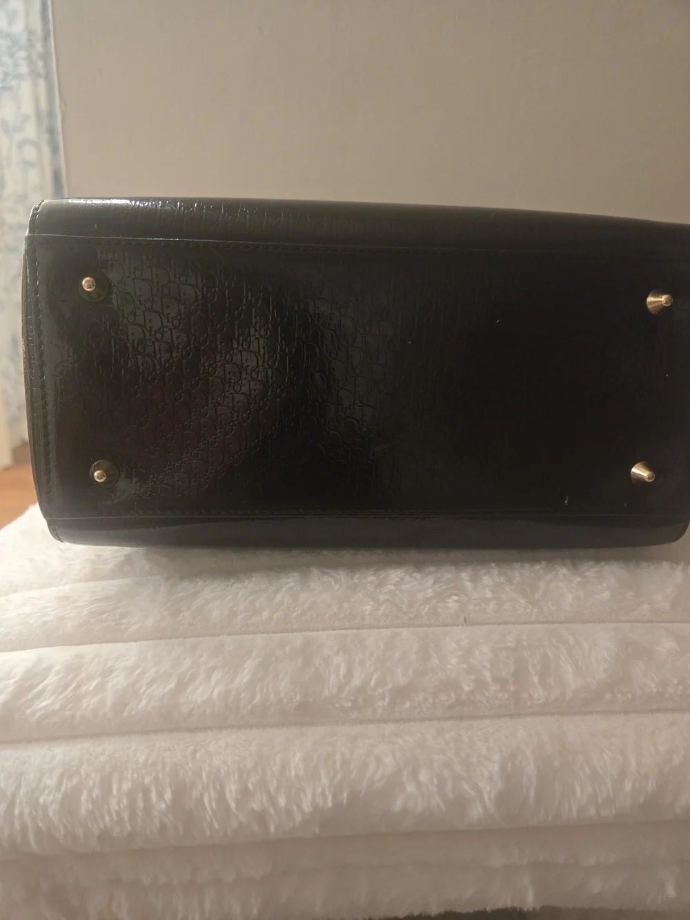 Black Structured Patent Leather Top-Handle Bag with Gold Hardware